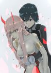  1girl black_hair blue_eyes commentary_request couple crying crying_with_eyes_open darling_in_the_franxx gloves green_eyes hiro_(darling_in_the_franxx) horns hug hug_from_behind long_hair pilot_suit pink_hair tears white_gloves x458132584 zero_two_(darling_in_the_franxx) 