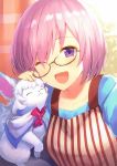  :3 ;d ^_^ absurdres apron bangs black-framed_eyewear blue_shirt closed_eyes curtains day eyebrows_visible_through_hair fate/grand_order fate_(series) fou_(fate/grand_order) glasses hair_over_one_eye haru_(hiyori-kohal) highres huge_filesize indoors long_sleeves looking_at_viewer mash_kyrielight one_eye_closed open_mouth petting scan shirt short_hair smile upper_body window 