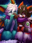 2018 ambiguous_gender anthro beverage brown_hair chibity clothed clothing cup dragon driggy duo ear_piercing fluffy fur furred_dragon green_eyes hair hi_res horn hot_chocolate hybrid male membranous_wings partially_clothed piercing purple_eyes reverb scarf shai_noctflame sitting snow white_hair wings winter 