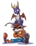  angry anthro bandicoot barefoot bootythug claws clothed clothing crash_bandicoot crash_bandicoot_(series) cute dragon feral footwear fur gloves hair hi_res horn looking_at_viewer male mammal marsupial nude on_ground on_top pants purple_skin scales scalie sharp_claws shoes sitting smile spyro spyro_the_dragon teeth toe_claws topless video_games western_dragon wings 