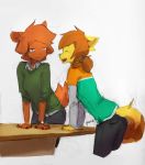  2018 anthro arm_support asper_(panzery25) canine clothed clothing duo eri_washington_(panzery25) female fox hair_tie leaning leaning_forward mammal open_mouth open_smile panzery25 ponytail signature simple_background smile standing table white_background wristwatch 
