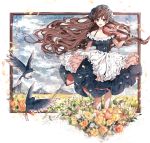  :d apron artist_name bangs bare_shoulders bird bow_(instrument) braid breasts brown_hair cloud cloudy_sky collarbone dress frilled_apron frills full_body green_eyes hanakeda_(hanada_shiwo) headdress holding holding_instrument instrument long_hair looking_at_viewer medium_breasts mountain off-shoulder_dress off_shoulder open_mouth original petals picture_(object) picture_frame sky smile solo standing swept_bangs very_long_hair violin wind 