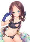  aqua_eyes bangs black_bra black_panties blue_gloves blurry blush bra brown_hair cat_cutout cat_ear_panties cat_lingerie cleavage_cutout depth_of_field eyebrows_visible_through_hair fate/grand_order fate_(series) flat_chest frilled_bra frills gauntlets gloves highres leonardo_da_vinci_(fate/grand_order) long_hair looking_at_viewer meme_attire panties parted_bangs ponytail saint_quartz shimokirin side-tie_panties single_gauntlet smile solo underwear underwear_only v white_background younger 