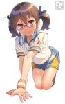  aoi_sora_(pairan) brown_hair commentary_request glasses gym_uniform hair_ornament hairclip looking_at_viewer original pairan red-framed_eyewear short_sleeves shorts smile white_background 