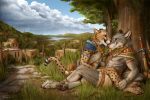  anthro armband bag barefoot blue_eyes canine cheetah city cloak clothed clothing digitigrade duo eye_contact feathers feline grass hindpaw lake licking male male/male mammal melee_weapon on_lap outside pawpads paws river sitting_on_lap smile sword titusw tongue tongue_out topless tree weapon wolf yellow_eyes 