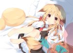  animal_ears backpack bag bangs barefoot bed_sheet black_dress blonde_hair blush bow brown_eyes brown_hair closed_mouth commentary_request dress eyebrows_visible_through_hair fox_ears fox_girl fox_tail frilled_pillow frills gradient_hair hair_between_eyes hair_bow kushida_you long_hair long_sleeves looking_at_viewer lying multicolored_hair necktie on_back original pillow red_bow red_neckwear shirt short_necktie sleeveless sleeveless_dress sleeves_past_wrists solo tail very_long_hair white_shirt 