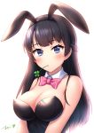  animal_ears bangs bare_shoulders black_hair black_hairband black_leotard blue_eyes blush bow bowtie braid breasts bunny_ears bunnysuit cleavage clover commentary_request detached_collar eyebrows_visible_through_hair fake_animal_ears four-leaf_clover hairband large_breasts leotard long_hair mouth_hold nijisanji oyaji-sou pink_neckwear signature simple_background solo tsukino_mito very_long_hair white_background white_collar wing_collar 