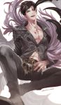  belial_(granblue_fantasy) black_hair black_shirt blood blood_stain boots feather_boa granblue_fantasy licking_lips male_focus midriff navel pectorals red_eyes shirt short_hair slowl241 smile solo tongue tongue_out twitter_username 