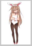  animal_ears ass_visible_through_thighs black_neckwear bow bowtie brown_eyes brown_hair bunny_ears bunnysuit caburi detached_collar flat_chest full_body glasses high_heels highres kantai_collection leotard long_hair looking_at_viewer mochizuki_(kantai_collection) pantyhose red-framed_eyewear red_footwear semi-rimless_eyewear simple_background solo standing strapless strapless_leotard under-rim_eyewear white_background white_leotard wrist_cuffs 
