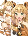  ;d animal_ears bangs bare_shoulders bell blonde_hair blush breasts brown_shorts collarbone crop_top eyebrows_visible_through_hair fang glint gloves green_eyes groin heart idolmaster idolmaster_cinderella_girls jingle_bell jougasaki_rika long_hair looking_at_viewer medium_breasts multiple_views navel one_eye_closed open_mouth paw_gloves paws pinb short_shorts shorts smile striped striped_legwear tail tears thighhighs two_side_up very_long_hair white_background 