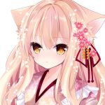  animal_ears bad_id bad_pixiv_id bangs blush brown_eyes cat_ears commentary_request eyebrows_visible_through_hair floral_print flower hair_between_eyes hair_flower hair_ornament hair_ribbon japanese_clothes kimono light_brown_hair long_hair looking_at_viewer nanase_kureha nanase_nao original parted_lips pink_flower pink_kimono print_kimono red_ribbon ribbon simple_background solo white_background white_flower 