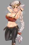  :o aliza_(granblue_fantasy) arm_strap armpits arms_behind_head arms_up bandaged_arm bandages belt belt_buckle black_pants blush boots bow braid breasts brown_footwear buckle bursting_breasts cleavage collarbone draph feet_out_of_frame granblue_fantasy grey_background hair_bow horns knee_boots large_breasts leg_up long_hair looking_at_viewer navel open_mouth pants pointy_ears red_bow red_eyes shiny shiny_skin silver_hair simple_background single_braid smell solo standing standing_on_one_leg steaming_body stomach sweat tomliat very_long_hair 