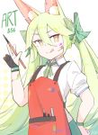  :q animal_ear_fluff animal_ears apron art556_(girls_frontline) bangs black_gloves boca bolo_tie bow breasts bright_pupils brown_eyes character_name closed_mouth collared_shirt commentary_request dot_nose eyebrows_visible_through_hair fox_ears fox_girl girls_frontline gloves green_bow green_hair green_neckwear hair_between_eyes hair_bow hand_on_hip hand_up korean_commentary long_hair looking_at_viewer paint_on_clothes paint_on_face paint_stains paintbrush parted_bangs partly_fingerless_gloves plaid plaid_bow pocket puffy_short_sleeves puffy_sleeves red_apron shirt short_sleeves signature simple_background single_glove small_breasts smile solo tongue tongue_out twintails upper_body v-shaped_eyebrows very_long_hair white_background white_pupils white_shirt wing_collar 