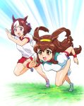  animal_ears battle_athletes breasts brown_eyes brown_hair commentary_request crossover gym_uniform hairband highres horse_ears horse_girl horse_tail kanzaki_akari kemonomimi_mode leaning_forward long_hair low-tied_long_hair multicolored_hair multiple_girls open_mouth purple_eyes red_shorts running shirt short_hair shorts sidelocks special_week speed_lines tail two-tone_hair ueyama_michirou umamusume white_footwear white_shirt wristband 