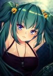  :&lt; absurdres aqua_hair armpits arms_up artist_name bangs bell blue_eyes blurry blurry_background blush breasts cleavage closed_mouth commission cui_yifei expressionless eyebrows_visible_through_hair hair_bell hair_ornament highres jewelry jingle_bell lips long_hair looking_at_viewer medium_breasts murmoruno muvluv necklace pendant shiny shiny_hair sleeveless solo tsurime twintails 