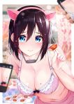  animal_ears apron black_hair blue_eyes blurry bra breasts cellphone cleavage closed_mouth collarbone fake_animal_ears food highres jewelry large_breasts looking_at_viewer mole mole_on_breast navel necklace original phone pig_ears pink_apron pink_bra rouka_(akatyann) sausage short_hair tears underwear 