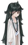  arms_at_sides bangs brown_eyes closed_mouth expressionless green_hair half-closed_eyes highres hiyajou_maho id_card labcoat lanyard long_hair looking_at_viewer luicent messy_hair open_clothes shiny shiny_hair shirt simple_background solo steins;gate straight_hair thick_eyebrows upper_body v-shaped_eyebrows very_long_hair white_background white_shirt 