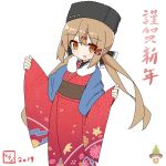  1girl alternate_costume black_bow black_hat blue_shawl blush bow brown_eyes brown_hair eyebrows_visible_through_hair hair_between_eyes hair_bow hat highres ichi japanese_clothes kantai_collection kimono long_hair looking_at_viewer low_twintails open_mouth papakha simple_background solo tashkent_(kantai_collection) twintails white_background yukata 