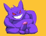  balls erection fur gengar glans grin humanoid_penis male miloyoyo nintendo penis pok&eacute;mon pok&eacute;mon_(species) presenting presenting_penis purple_fur red_eyes simple_background sitting slightly_chubby smile solo video_games yellow_background 