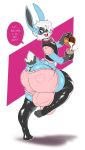  anthro big_butt boosterpang butt clothing collar compression_artifacts english_text girly huge_bulge huge_butt hyper hyper_butt lagomorph looking_at_viewer male mammal rabbit rubber smile solo text thick_thighs tight_clothing underwear 