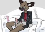  aggressive_retsuko anthro balls haida hyena male mammal masturbation nontoxo penile_masturbation penis sanrio solo 