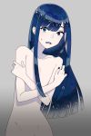  :o androgynous bangs blue_eyes blue_hair blue_nails blunt_bangs commentary covering covering_breasts crystal_hair hat0g0han highres houseki_no_kuni lapis_lazuli_(houseki_no_kuni) long_hair looking_at_viewer nail_polish nude open_mouth protected_link solo sparkle 
