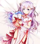  ahoge azur_lane bed_sheet black_ribbon blush box bun_cover china_dress chinese_clothes closed_mouth double_bun dress highres holding holding_box long_hair lying mutang on_back pelvic_curtain purple_eyes purple_hair ribbon short_sleeves side_bun solo stuffed_alicorn stuffed_animal stuffed_toy thighhighs unicorn_(azur_lane) very_long_hair white_dress white_legwear 