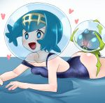  1girl :d ass bestiality blue_eyes blue_hair breasts dewpider happy_sex heart heart-shaped_pupils highres lying nemimini on_stomach open_mouth pokemon pokemon_(anime) pokemon_(creature) pokemon_(game) pokemon_sm_(anime) school_swimsuit sex sheet_grab short_hair small_breasts smile spider strap_slip suiren_(pokemon) 