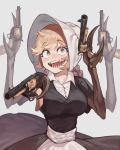  1girl apron black_dress blonde_hair bonnet braid breasts claws cliffside cordie_(cliffside) dress erect_nipples extra_arms gun maid maid_apron medium_hair monster monster_girl pincers puffy_short_sleeves puffy_sleeves sharp_teeth short_sleeves smile solo teeth weapon 