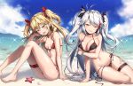  admiral_hipper_(azur_lane) ahoge alternate_costume anchor arm_support arm_under_breasts ass azur_lane bangs bare_arms bare_shoulders barefoot beach bikini black_bikini blonde_hair blue_sky blurry blush breast_hold breasts brown_eyes choker cloud commentary_request day depth_of_field eyebrows_visible_through_hair folded_leg front-tie_bikini front-tie_top green_eyes hair_between_eyes hair_ribbon head_tilt iron_cross large_breasts long_hair looking_at_viewer mole mole_under_eye multi-strapped_bikini multicolored_hair multiple_girls ocean open_mouth outdoors prinz_eugen_(azur_lane) red_bikini red_ribbon ribbon riichu sand side-tie_bikini silver_hair sitting sky sparkle starfish streaked_hair string_bikini swimsuit thigh_strap thighs two_side_up untied untied_bikini very_long_hair water yokozuwari 