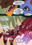  allomon blue_scales blush candy comic digimon dinosaur drooling fangs fish food green_background greymon gum hair marine orange_scales red_hair saliva scales simple_background speech_bubble stripes text thick_saliva tongue vorekingdom 