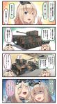  4koma blonde_hair blue_eyes braid churchill_(tank) comet_(tank) comic commentary_request crown eyebrows_visible_through_hair eyewear_on_head french_braid ground_vehicle hair_between_eyes ido_(teketeke) kantai_collection long_hair military military_vehicle mini_crown mole mole_under_eye mole_under_mouth motor_vehicle multiple_girls one_eye_closed open_mouth partial_commentary richelieu_(kantai_collection) shaded_face smile speech_bubble sunglasses tank thought_bubble translated turret warspite_(kantai_collection) yellow_eyes 