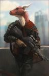  anthro armor assault_rifle body_armor brown_eyes city cloak clothed clothing dragon fully_clothed gloves gun horn male nomax ranged_weapon red_scales rifle scales scalie solo weapon 