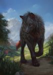  2018 black_fur black_nose canine cloud conditional_dnp day detailed_background feral fur grass latex_(artist) mammal outside paws red_eyes sky solo standing tree wolf 
