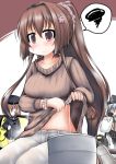  breasts brown_hair brown_sweater bucket cherry_blossoms cleavage commentary_request feet_out_of_frame hibiki_(kantai_collection) kantai_collection large_breasts long_hair multiple_girls ouno_(nounai_disintegration) pants ponytail ribbed_sweater solo_focus speech_bubble spoken_squiggle squiggle sweat sweater wet wet_clothes wet_sweater white_pants wringing_clothes yamato_(kantai_collection) z3_max_schultz_(kantai_collection) 