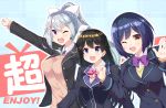  :d ;d black_hair black_jacket blazer blue_background blue_eyes blue_hair bow bowtie braid breasts clenched_hand english eyebrows_visible_through_hair french_braid hair_bow hair_ornament hairclip hands_up highres higuchi_kaede hoppege jacket long_hair long_sleeves looking_at_viewer medium_breasts multiple_girls necktie nijisanji one_eye_closed open_clothes open_jacket open_mouth pink_bow pink_neckwear plaid_neckwear purple_eyes purple_neckwear raised_fist school_uniform shiny shiny_hair shizuka_rin short_hair silver_hair smile straight_hair translation_request tsukino_mito unbuttoned upper_body very_long_hair white_bow wing_collar yellow_eyes 