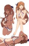  armpits ass bangs barefoot bikini blush breasts brown_hair cleavage closed_mouth collarbone commentary crossed_legs dimples_of_venus eyebrows_visible_through_hair from_behind girls_frontline green_eyes groin gz_(gzdteee) hair_between_eyes hair_rings half-closed_eyes hand_up highres index_finger_raised large_breasts leaning_forward long_hair looking_at_viewer looking_back lying m1903_springfield_(girls_frontline) multiple_views navel on_back open_mouth ponytail ribbon sidelocks simple_background sitting smile stomach swimsuit thighs white_background 