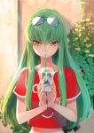  blush c.c. code_geass commentary_request creayus drinking drinking_straw eyewear_on_head green_hair holding long_hair looking_down looking_to_the_side midriff red_shirt shirt solo sweat yellow_eyes 