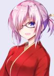  1girl :d alternate_hairstyle bangs black-framed_eyewear blush breasts commentary_request eyebrows_visible_through_hair fate/grand_order fate_(series) glasses grey_background hair_over_one_eye highres japanese_clothes kimono looking_at_viewer mash_kyrielight medium_breasts nanakusa_amane one_side_up open_mouth purple_eyes purple_hair red_kimono sidelocks simple_background smile solo upper_body 