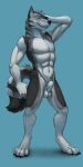  2017 abs animal_genitalia balls black_fur canine digitigrade fur grey_fur male mammal navel nude sheath simple_background smile solo standing virtyalfobo white_fur wolf 