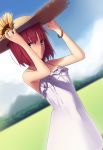  absurdres blue_eyes boa_(brianoa) bracelet commentary cowboy_shot dress dutch_angle flower frilled_dress frills hands_up hat highres hisui jewelry landscape looking_at_viewer melty_blood red_hair short_hair smile solo sun_hat sunflower tsukihime type-moon white_dress 