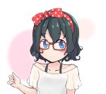  alternate_costume bare_shoulders bespectacled black_hair blue_eyes blush bow collarbone commentary_request eyebrows_visible_through_hair flying_sweatdrops glasses hair_bow hairband hand_up highres hiyama_yuki kaban_(kemono_friends) kemono_friends no_hat no_headwear off_shoulder polka_dot polka_dot_bow polka_dot_hairband red_bow red_hairband see-through short_hair short_sleeves simple_background smile solo strapless undershirt unmoving_pattern upper_body white_background 