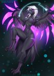  2018 anthro avian beak bird black_beak black_feathers breasts corvid crow digital_media_(artwork) doomthewolf feathered_wings feathers featureless_breasts featureless_crotch female hair hi_res looking_at_viewer magic magic_user non-mammal_breasts patreon purple_eyes solo talons url white_hair wings 