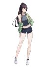  absurdres bare_shoulders black_hair black_legwear breasts casual commentary_request eyebrows_visible_through_hair full_body green_sweater hand_on_hip hand_on_leg highres idolmaster idolmaster_shiny_colors k1np long_hair looking_at_viewer midriff off_shoulder open_clothes ponytail shirase_sakuya shirt shoes short_shorts shorts simple_background sneakers solo sweater tank_top white_background yellow_eyes 
