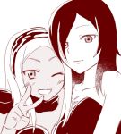  2girls bare_shoulders crow_(gravity_daze) gravity_daze gravity_daze_2 headband kitten_(gravity_daze) long_hair multicolored_hair multiple_girls scarf smile two-tone_hair wink 