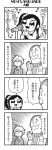  2boys 4koma :d amane_(bkub) bangs bkub blush comic emphasis_lines eyebrows_visible_through_hair facial_hair fang flying_sweatdrops greyscale hair_between_eyes halftone highres honey_come_chatka!! jacket komikado_sachi long_hair microphone microphone_stand monochrome multiple_boys music musical_note mustache necktie one_side_up open_mouth shirt short_hair shouting side_ponytail sidelocks simple_background singing smile speech_bubble sweatdrop swept_bangs talking translated turtleneck white_background 
