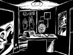  artist_self-insert bkub ceiling_light cup dark doorway drinking_straw duckman eyeball fakkuma_(character) fan five_nights_at_freddy's greyscale hallway looking_at_viewer looking_out_window monochrome multiple_boys paper parody peeking_out poster_(object) shadow table teeth window 