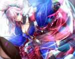  absurdres black_legwear blue_eyes blurry blurry_foreground breasts center_opening cleavage cowboy_shot depth_of_field detached_collar dutch_angle earrings eyebrows_visible_through_hair fate/grand_order fate_(series) hair_over_one_eye highres holding holding_sword holding_weapon jewelry katana large_breasts leaf_print legs_apart long_hair long_sleeves looking_at_viewer magatama miyamoto_musashi_(fate/grand_order) navel obi outstretched_arms pink_hair ponytail sash sheath sheathed solo standing suisen-21 sword thighhighs unsheathed v-shaped_eyebrows waist_cape weapon wide_sleeves 