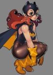  1girl barbara_gordon batgirl batman_(series) blush boots breasts cape dc_comics fengmo gloves green_eyes lips lipstick makeup mask orange_hair pantyhose simple_background solo superhero 