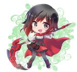  alternate_costume black_hair cape chibi commentary_request crescent_rose frilled_skirt frills highlights iesupa multicolored_hair red_hair ruby_rose rwby rwby_chibi scythe skirt solo 